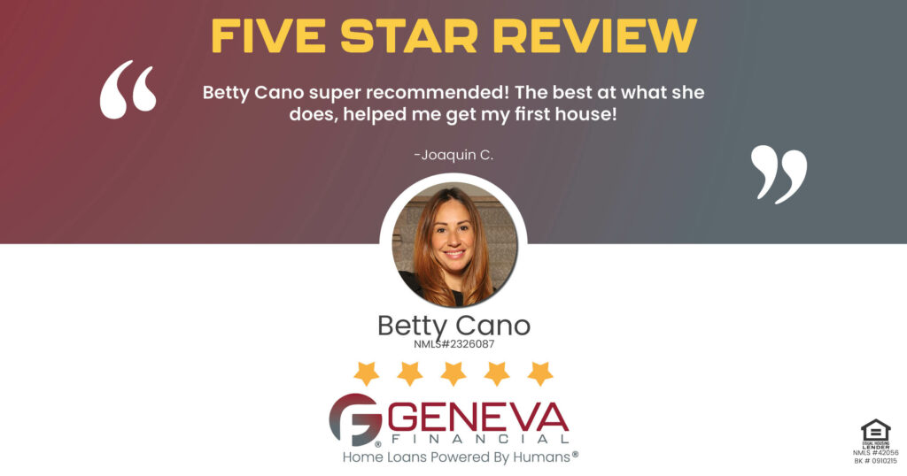 5 Star Review for Betty Cano, Geneva Financial Home Loans, Illinois - Licensed Mortgage Loan Officer – Home Loans Powered by Humans®.